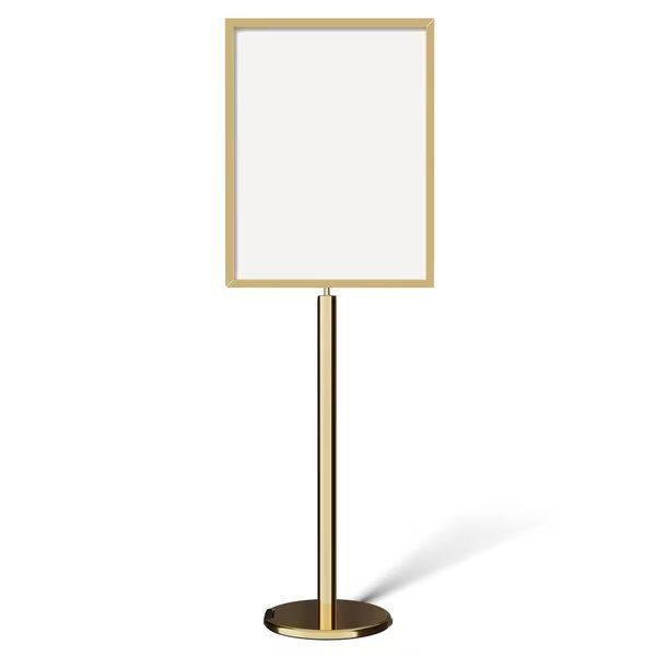 SignFrame FloorStanding 22x28V Pol Brass WET FLOOR PLEASE BE CAREFUL, Montour Line, Mfr#: FSE200-2228-V-PB-WETFLRDBL